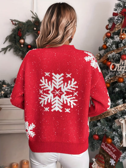 Snowflake Pattern Crew Neck Sweater, Elegant Long Sleeve Sweater For Fall & Winter, Women's Clothing MyFave Boutique