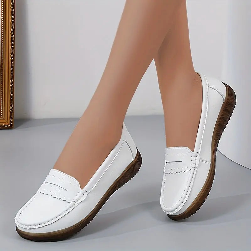 Women's Solid Color Penny Loafers, Comfort Soft Sole Slip On Shoes, Casual Faux Leather Flat Shoes MyFave Boutique