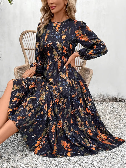 Floral Print Dress Elegant Midi Dress,Long Sleeve A-line Dress, Perfect for Spring & Fall, Women's Clothing MyFave Boutique