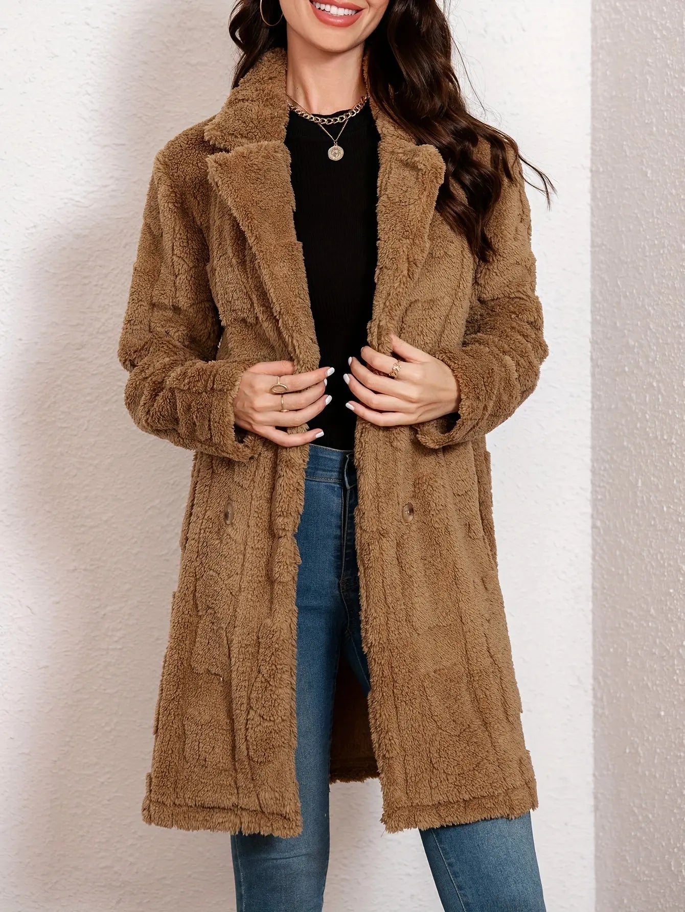 Double-Breasted Teddy Coat with Textured Sleeves, Women's Long Sleeve Winter Outwear MyFave Boutique