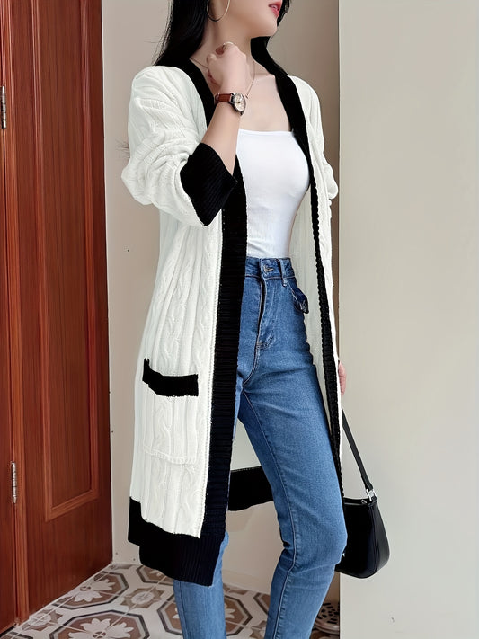 Contrast Trim Open Front Cardigan, Versatile Long Sleeve Pockets Cardigan For Winter & Fall, Women's Clothing MyFave Boutique