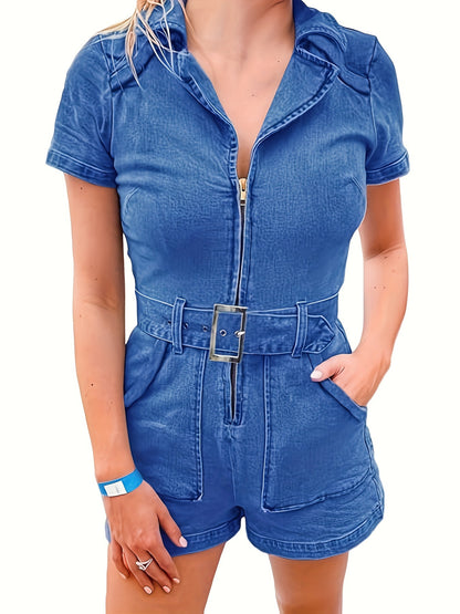 Women's Summer Denim Rompers Zip Up Belted Short Sleeve Plain Washed Blue Dungarees Jeans Jumpsuits With Pocket MyFave Boutique