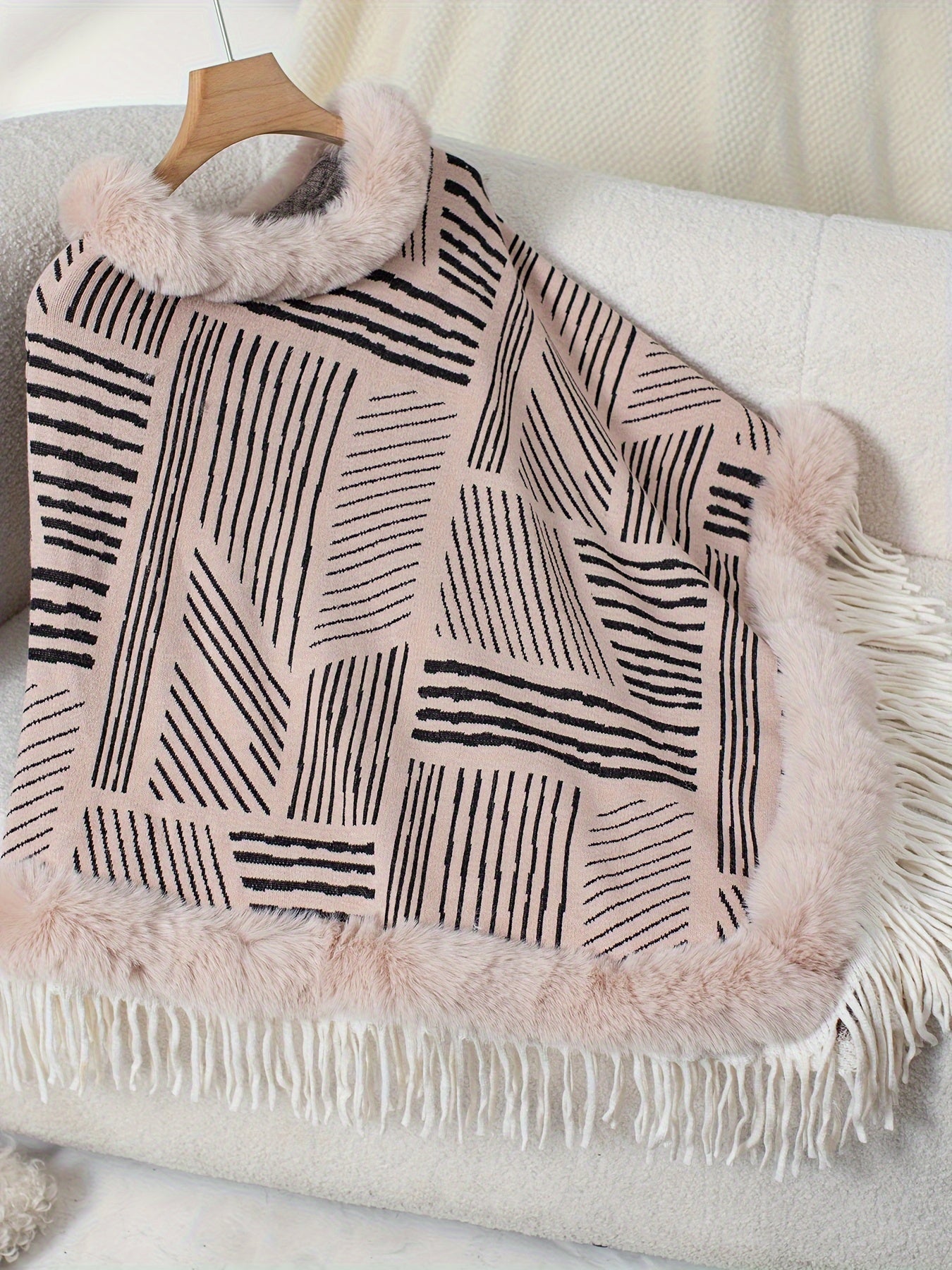 Stripe Pattern Fringe Hem Fuzzy Trim Poncho, Elegant Thermal Hanky Hem Crew Neck Cape For Fall & Winter, Women's Clothing MyFave Boutique