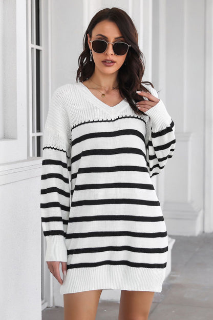 Striped V-Neck Drop Shulder Sweater Dress Trendsi