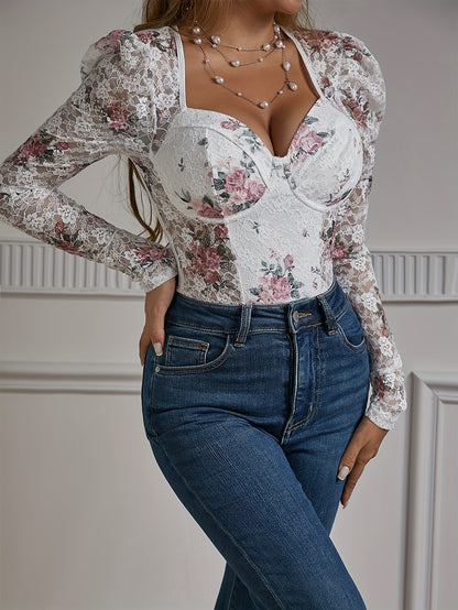 Elegant Floral Bodysuit - Delicate Lace Insert, Puffy Long Sleeves, Sweetheart Neckline - Exquisite Womens Clothing for Special Occasions MyFave Boutique