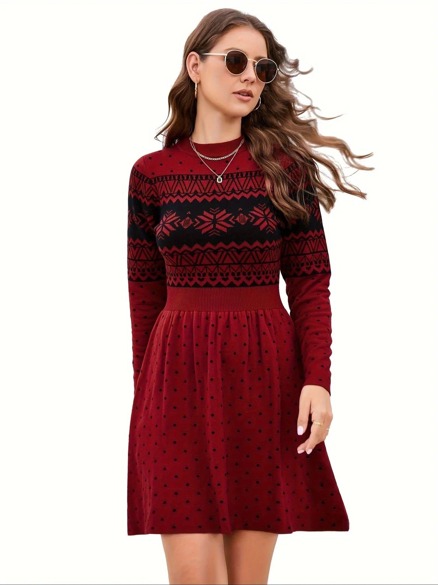 Solid Color Cable Knit Sweater Dress, Elegant Long Sleeve A Line Dress For Spring & Fall, Women's Clothing MyFave Boutique