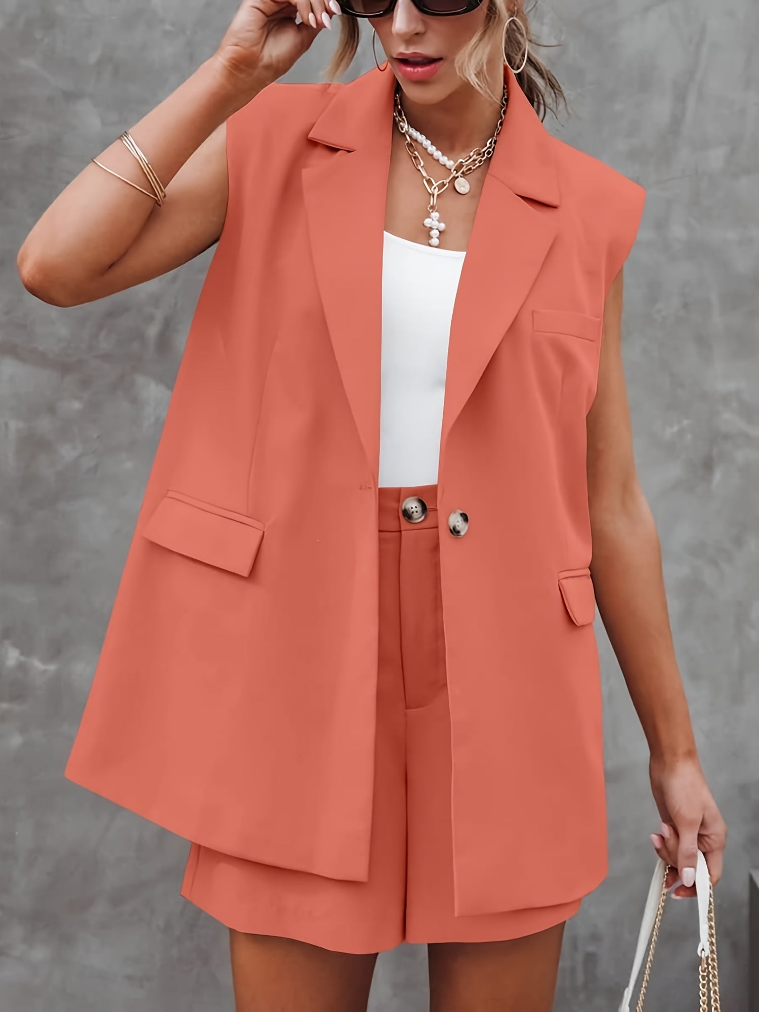 Casual Solid Color Slim Office Two-piece Set, Open Front Lapel Neck Blazer & Skinny High Waist Shorts Outfits, Women's Clothing MyFave Boutique