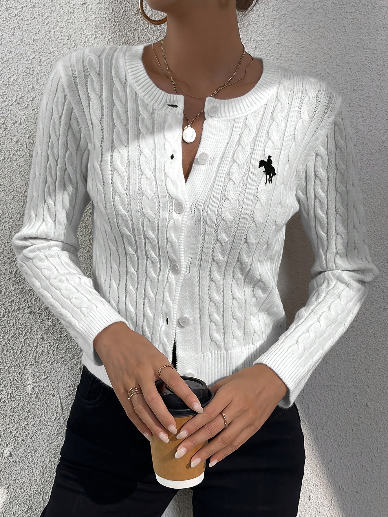 Cable Knit Embroidered Cardigan, Elegant Button Front Slim-Fit Crew Neck Long Sleeve Cardigan For Fall & Winter, Women's Clothing MyFave Boutique