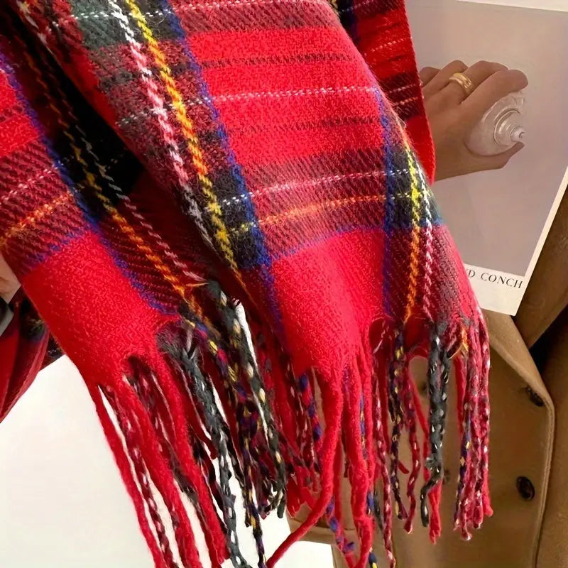 Elegant Red Plaid Scarf for Women - Extra Long, Oversized Tassel Shawl, Warm & Windproof Polyester Outdoor Wrap MyFave Boutique