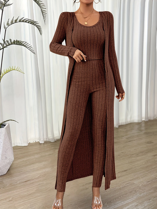 Ribbed Solid Three-piece Set, Crop Tank Top & Long Sleeve Cardigan & High Waist Pants Outfits, Women's Clothing MyFave Boutique