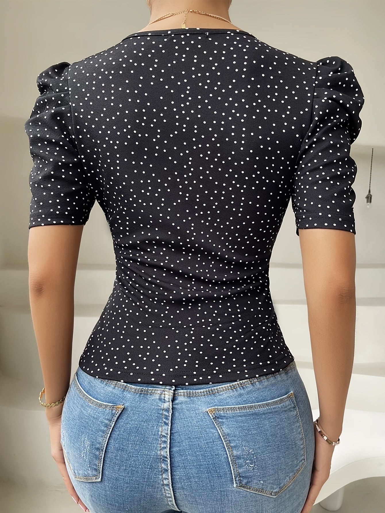 Elegant V Neck Puff Sleeve Polka Dot Print Lounge Top, Women's Slim Fit Loungewear MyFave Boutique