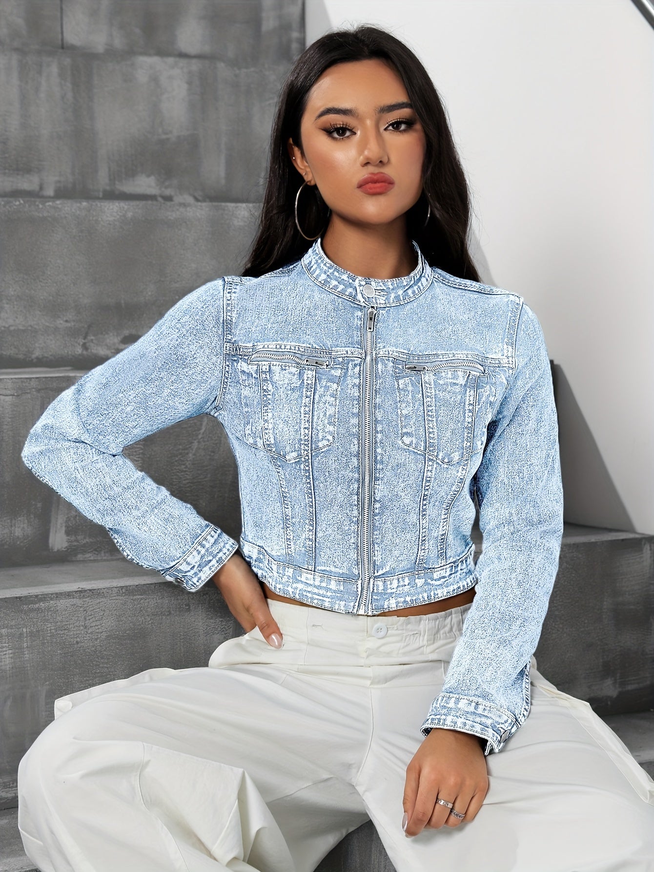 Women's Fashionable Cropped Denim Jacket, Casual Style, Zip-Up Jean Outerwear with Pockets, Versatile and Modern Look for Everyday Wear For Fall & Winter MyFave Boutique