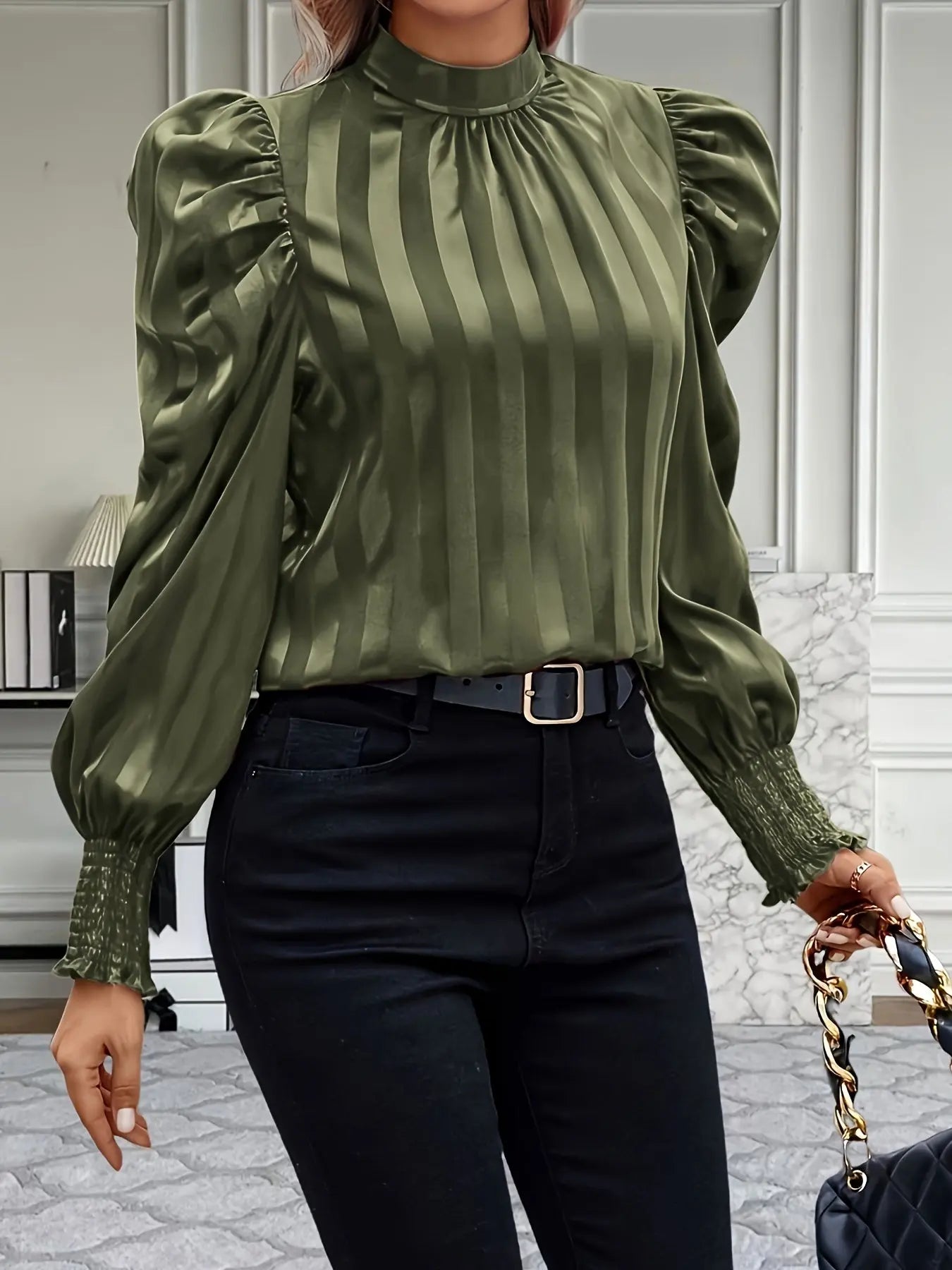 Mock Neck Puff Sleeve Blouse, Elegant Shirred Trim Blouse For Spring & Fall, Women's Clothing MyFave Boutique