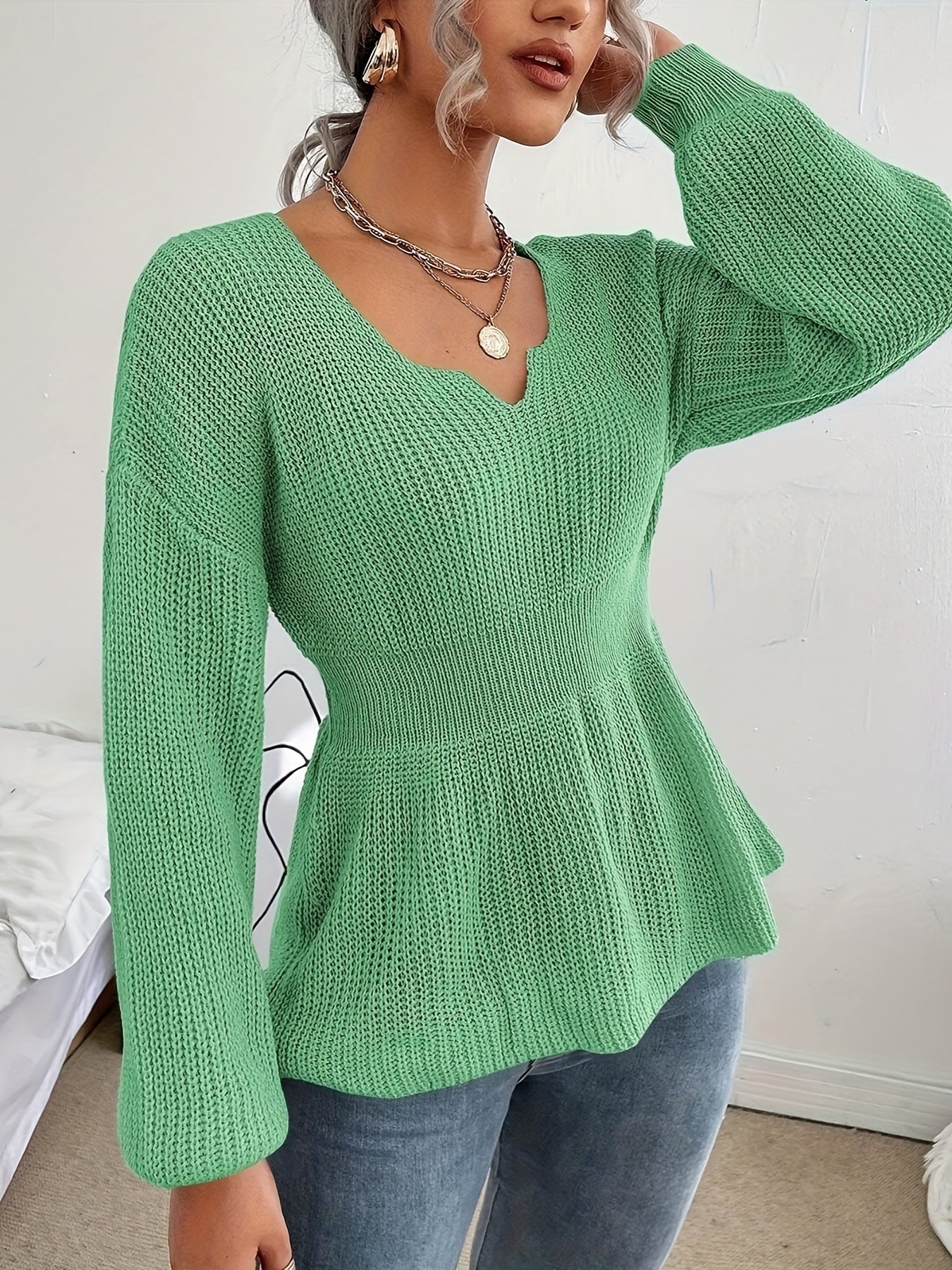 Womens V Neck Sweaters Fall Trendy Casual Long Lantern Sleeve Ribbed Knit Pullover Sweater Tops MyFave Boutique