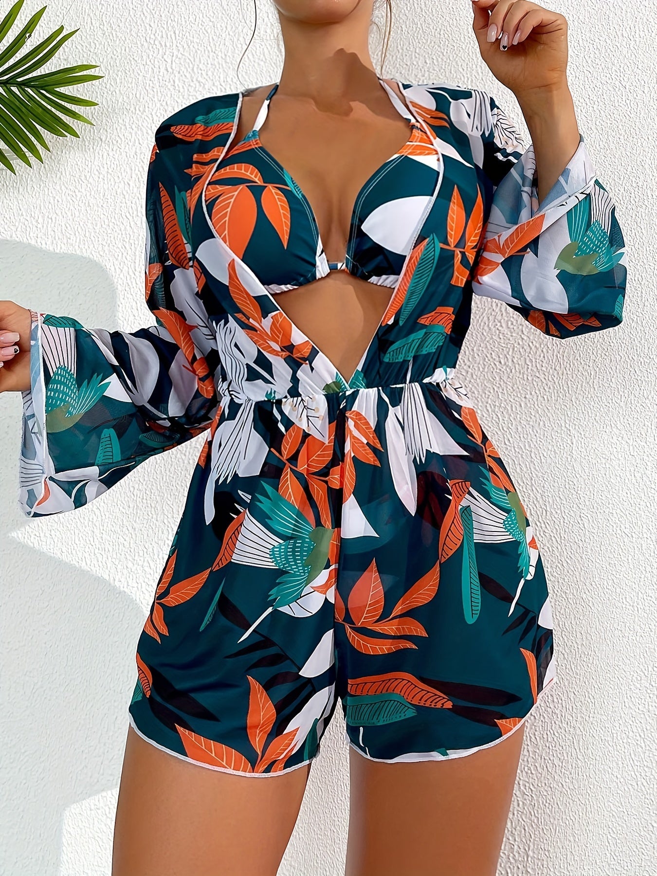 Women's Fashion Bikini Swimwear, Women's Sexy Printed Three-Piece Swimsuit With Cover-Up, Tropical Leaf Design MyFave Boutique