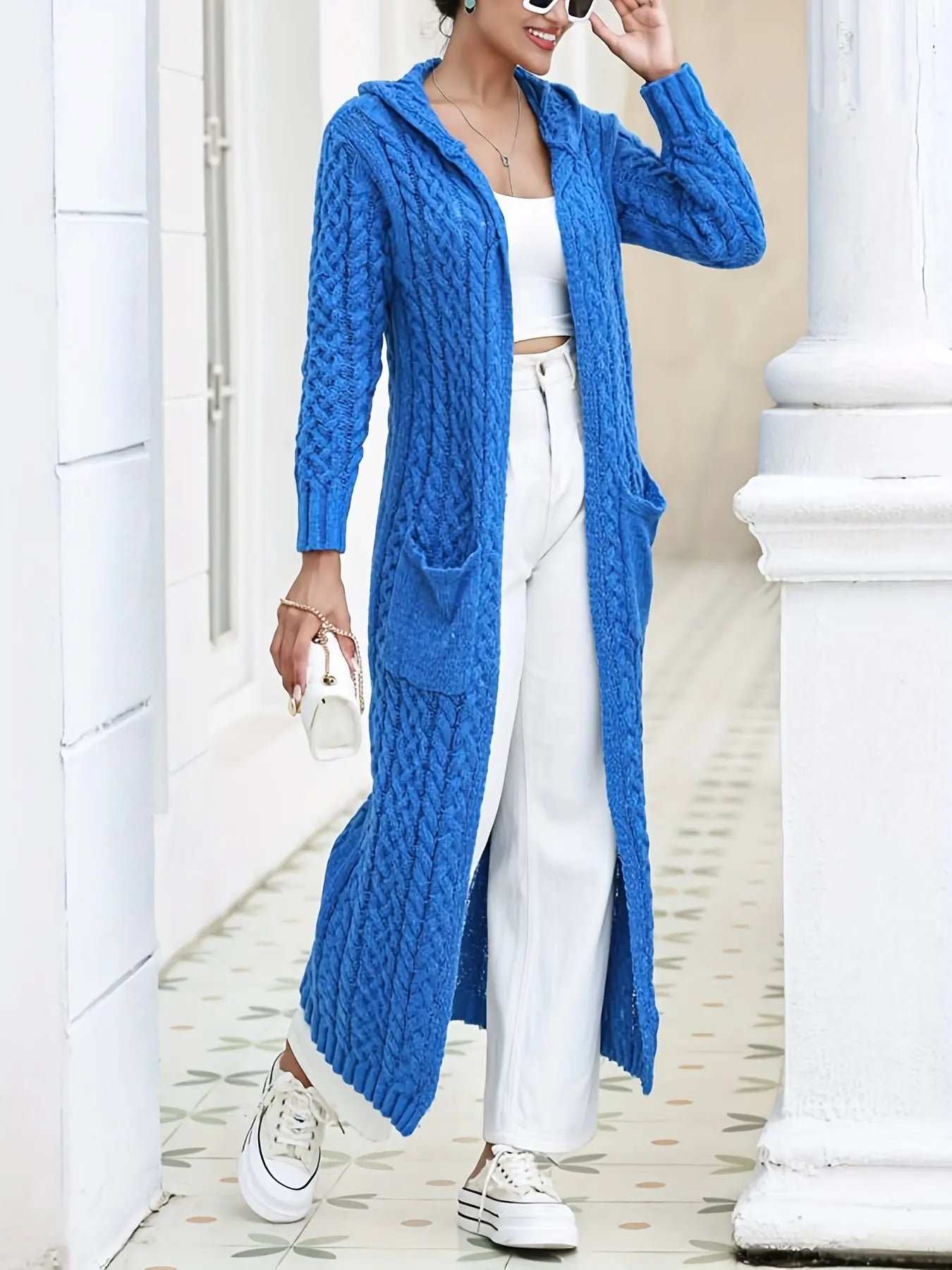 Cable Knit Open Front Hoodie Cardigan, Casual Long Sleeve Dual Pockets Longline Crochet Cardigan For Fall & Winter, Women's Clothing MyFave Boutique