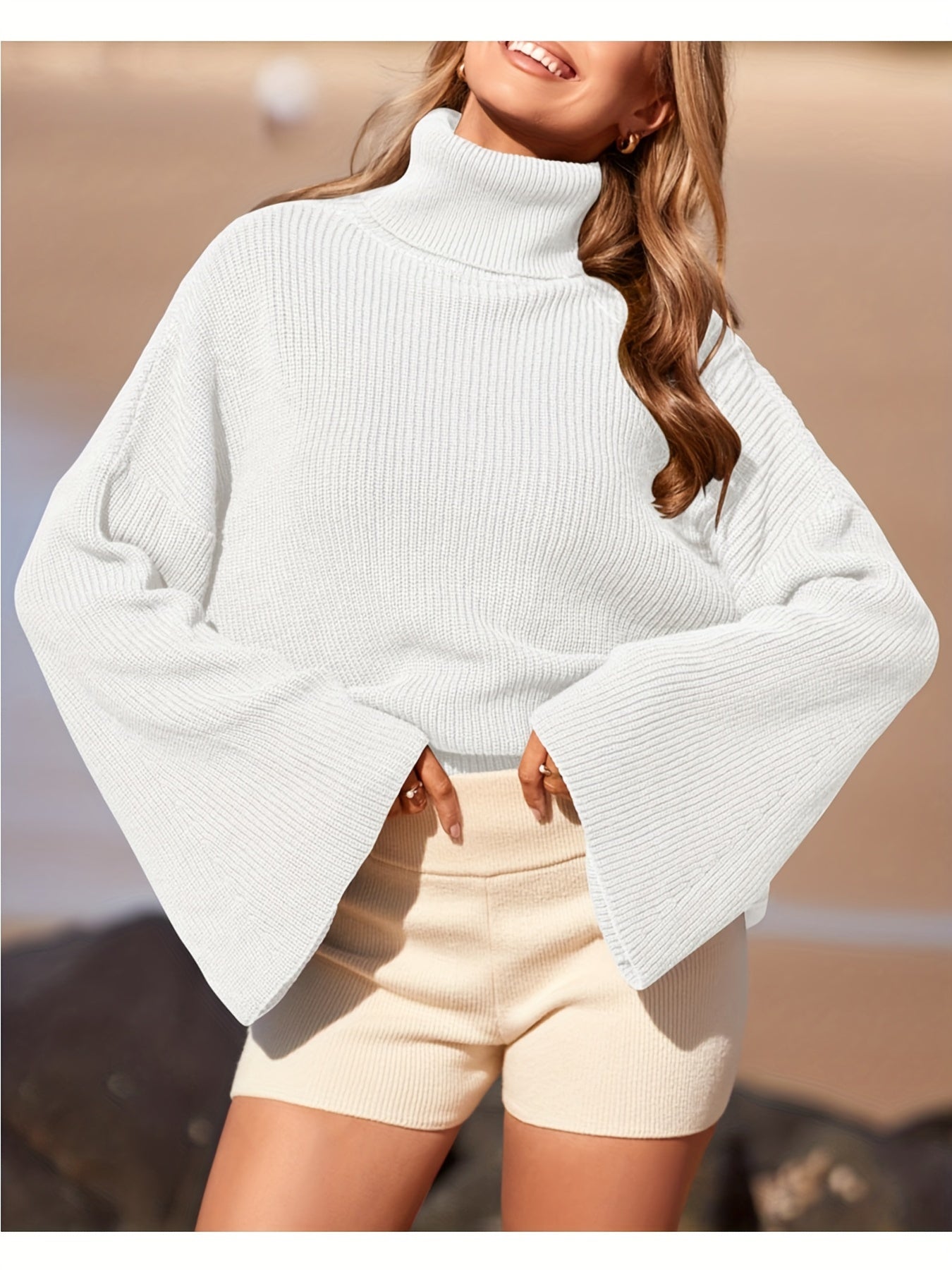 Solid Color Turtle Neck Pullover Sweater, Elegant Flared Long Sleeve Ribbed Knitted Sweater For Fall & Winter, Women's Clothing MyFave Boutique