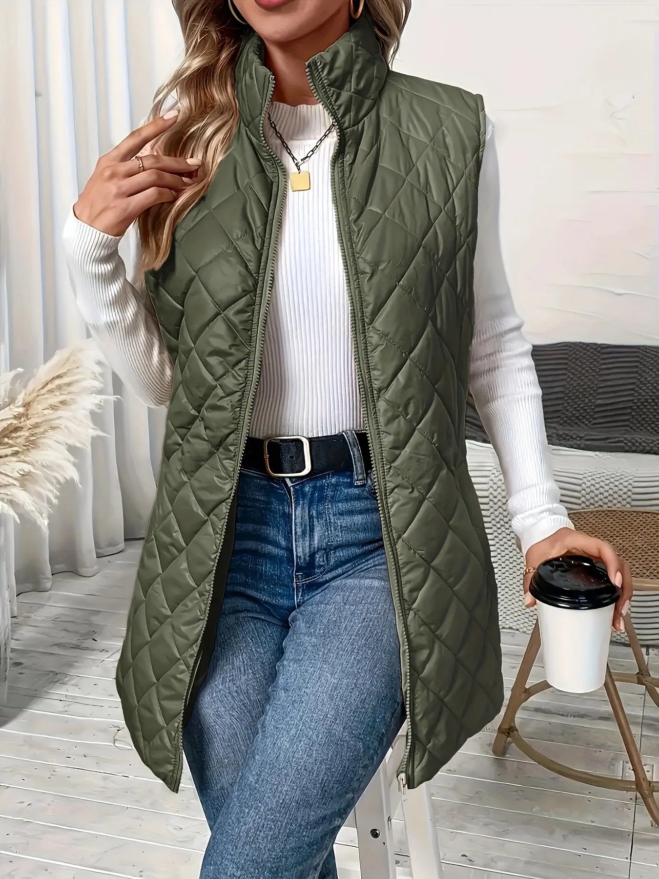 Quilted Zip Up Fluffy Vest Jacket, Casual Sleeveless Warm Gilet Jacket For Fall & Winter, Women's Clothing MyFave Boutique