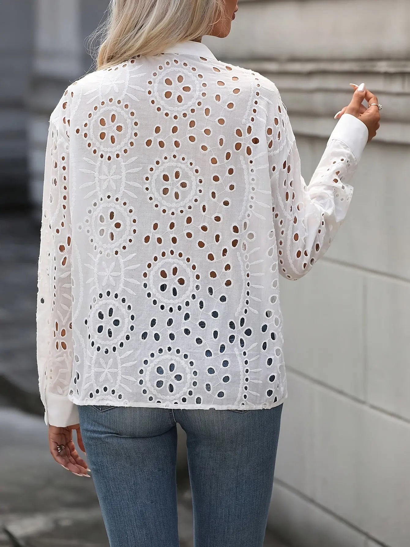 Eyelet Embroidered Single Breasted Blouse, Elegant Notched Neck Long Sleeve Blouse, Women's Clothing MyFave Boutique