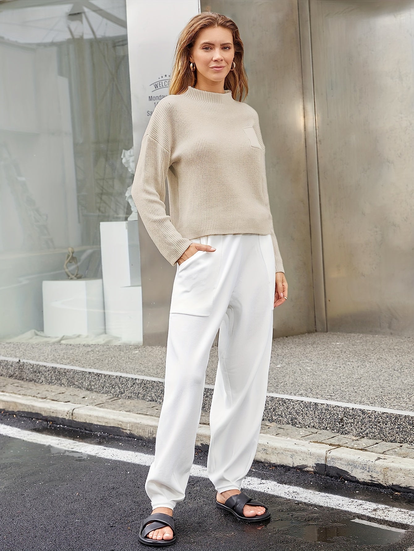 Casual Knitted Pantsuits, Mock Neck Pocket Pullover Sweater & Loose Pants Outfits, Women's Clothing MyFave Boutique