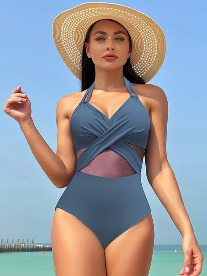 Solid Color Mesh Contrast Halter Crisscross Tie Neck Backless One-piece Swimsuit, Bathing Suits, Women's Swimwear & Clothing MyFave Boutique