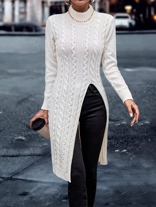 Cable Knit Mock Neck Sweater, Elegant Long Length Split Long Sleeve Sweater For Fall & Winter, Women's Clothing MyFave Boutique