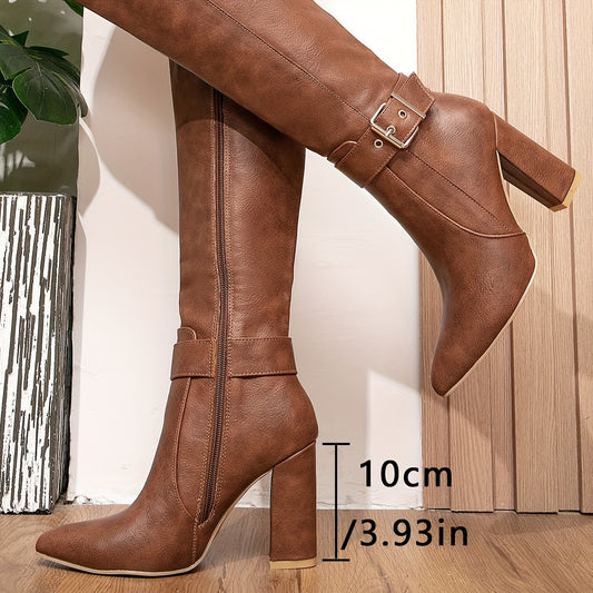 2024 Chic Women's Vintage-Inspired Brown Block Heel Boots with Pointed Toe, Faux Cover & Velvet Lining - Perfect for Weddings & Date Nights MyFave Boutique