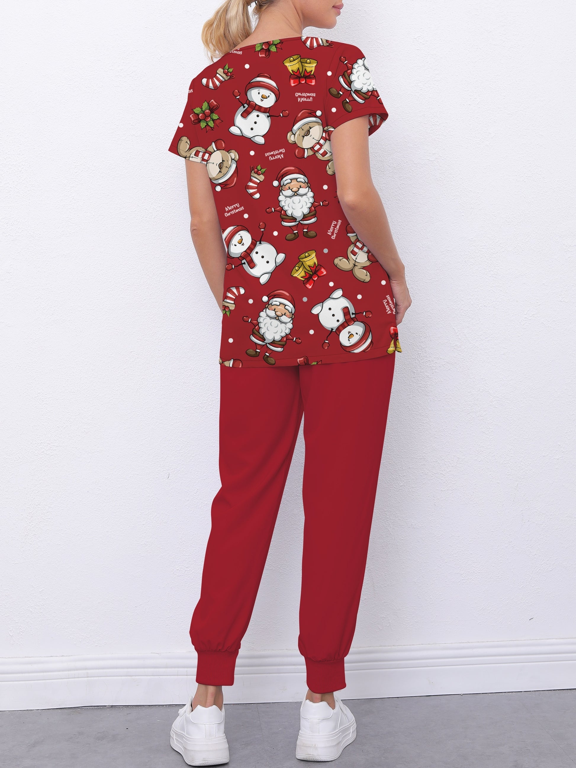 Women's Christmas Themed Scrub Set, Breathable Polyester, V-Neck, Short Sleeve, Regular Fit, with Pockets, Casual Style, Elastic Waistband, for Healthcare Professionals MyFave Boutique