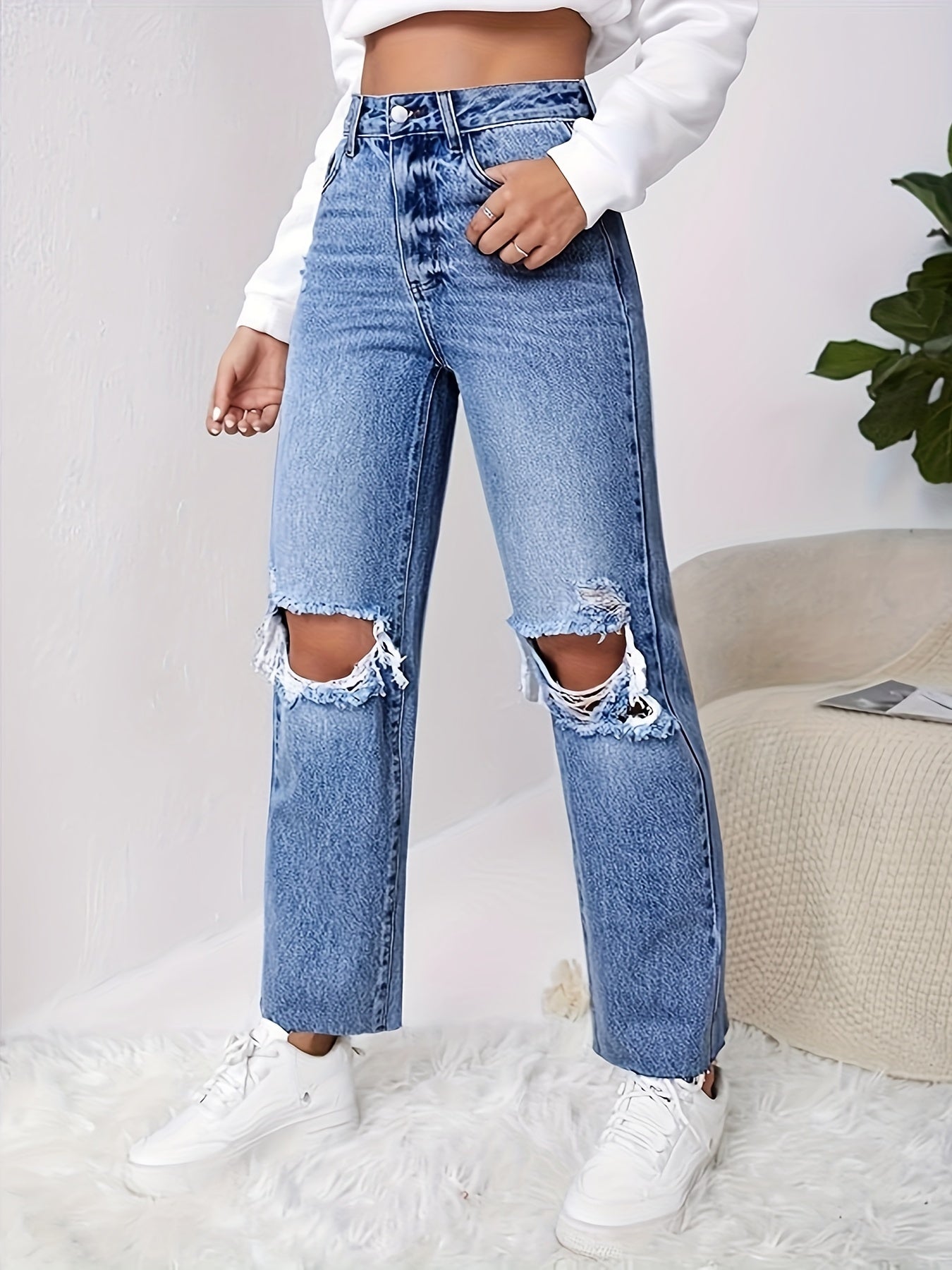 Women's High Waist Ripped Distressed Cropped Jeans Straight Leg Denim Pants MyFave Boutique