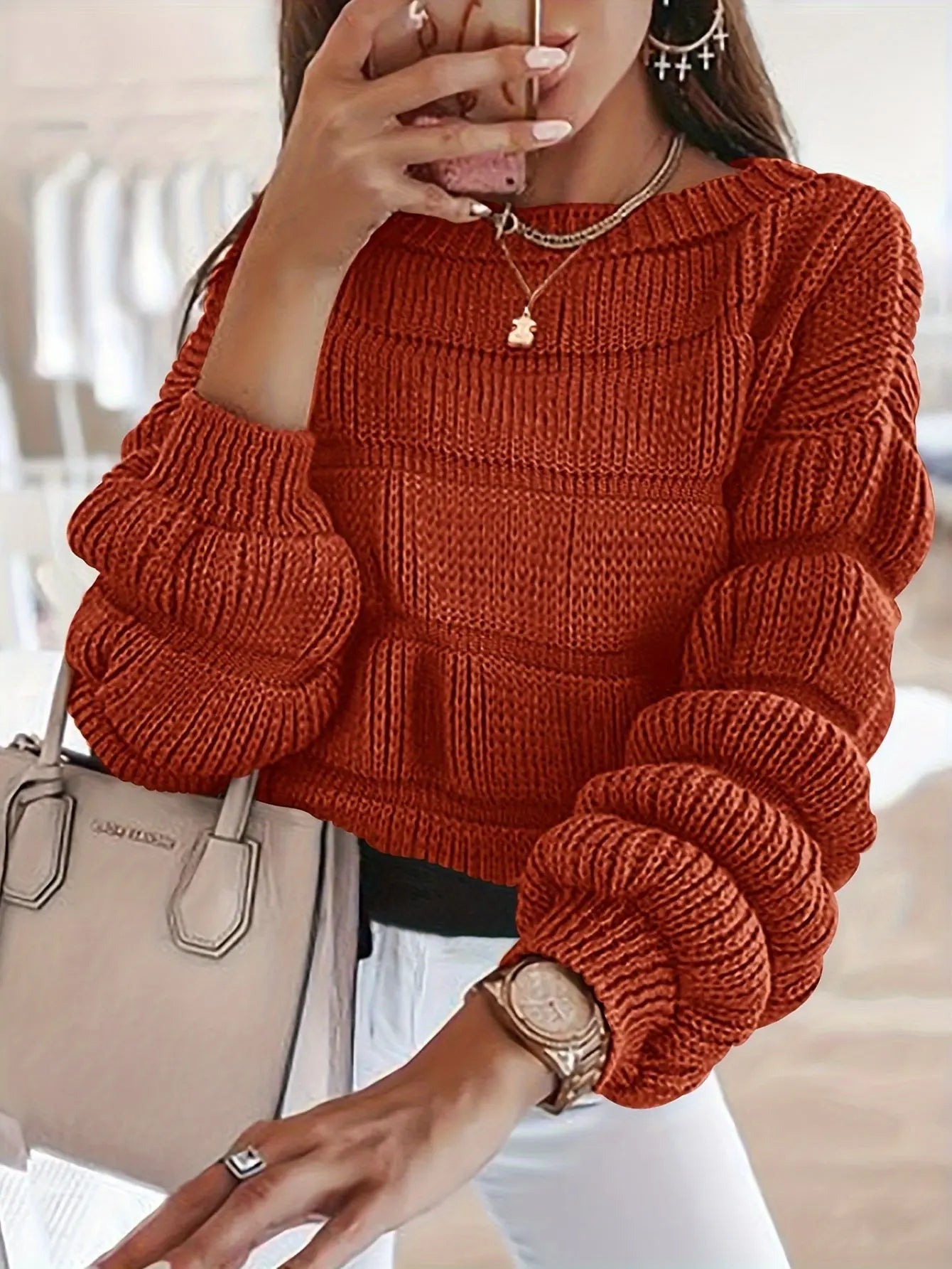 Women's 2024 Fall Sweaters Casual Crew Neck Pullover Long Puff Sleeve Loose Plain Chunky Knit Cute Blouse Tops MyFave Boutique