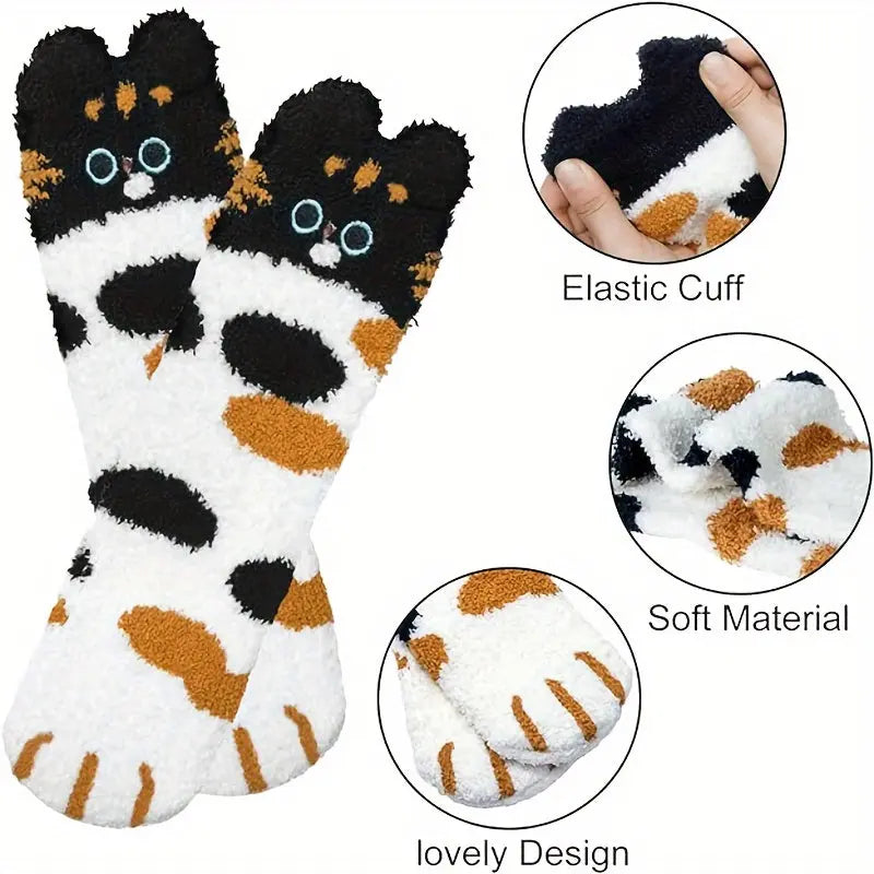 Women's Cozy Cartoon Cat Claw Slipper Socks - 5 Pairs, Knee-Length, Polyester and Spandex Blend, Warm Plush Coral Fleece, Knit Fabric, Home Lounge Winter Fluffy Socks - Hand Wash/Dry Clean MyFave Boutique