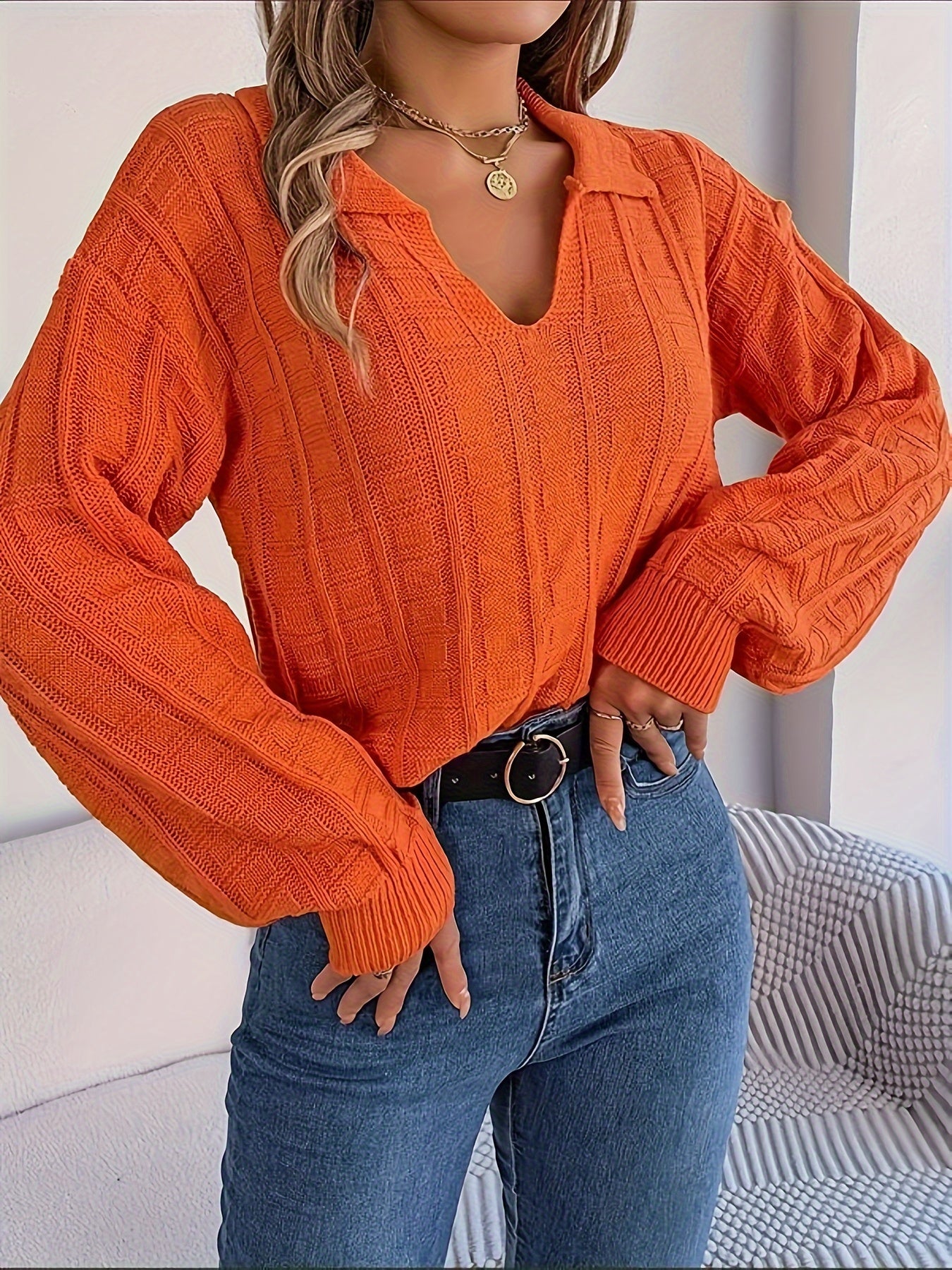 Solid Color Textured Sweater, Casual Long Sleeve Collared Sweater For Fall & Winter, Women's Clothing MyFave Boutique