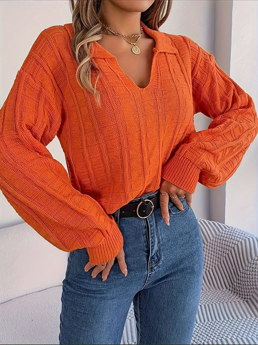 Solid Color Textured Sweater, Casual Long Sleeve Collared Sweater For Fall & Winter, Women's Clothing MyFave Boutique