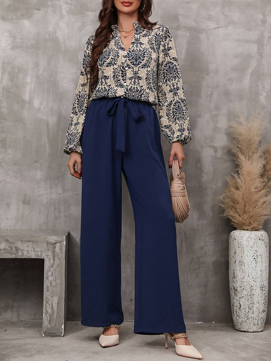 Elegant Paisley Print Lantern Sleeve Blouse and Tie-Waist Wide Leg Pants Set - Polyester Blend (96% Polyester, 4% Elastane), V-Neck, Woven, Perfect for Spring/Fall MyFave Boutique