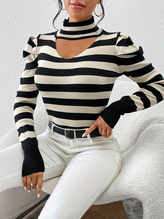 Striped Print Shoulder Pads Top, Elegant Cut Out Long Sleeve Sweater For Spring & Fall, Women's Clothing MyFave Boutique