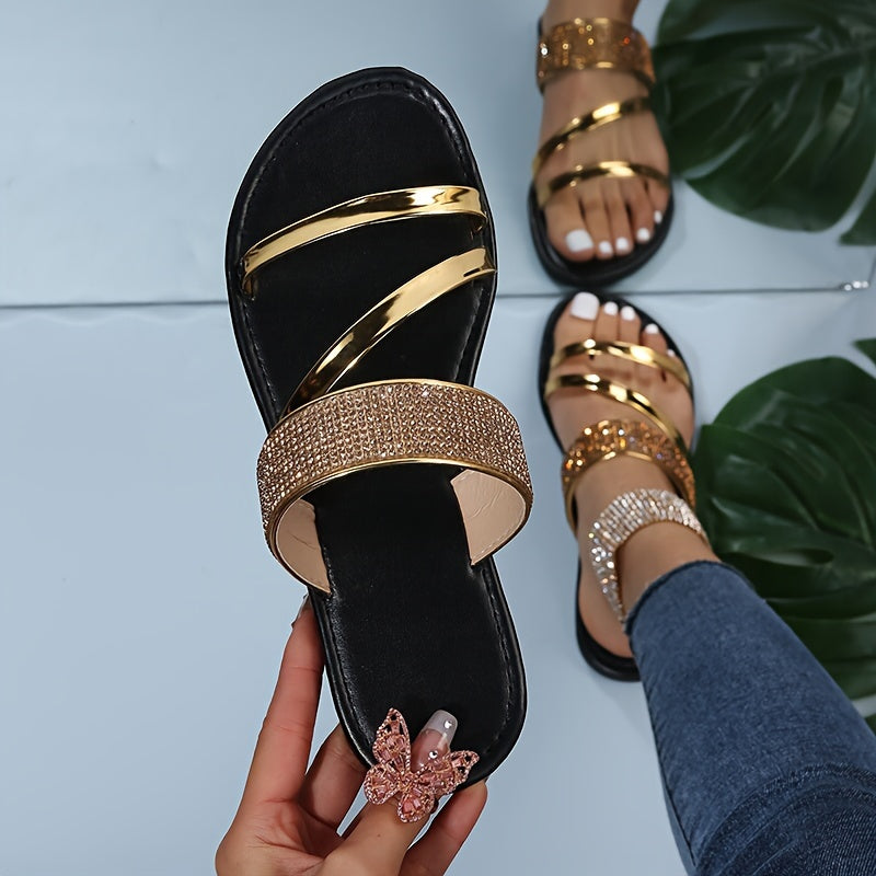 Women's Rhinestone Flat Slides, Stylish Open Toe Summer Beach Shoes, Casual Outdoor Slide Sandals MyFave Boutique