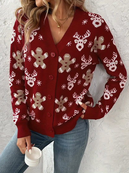 Christmas Pattern Button Down Knit Cardigan, Elegant V Neck Long Sleeve Sweater, Women's Clothing MyFave Boutique