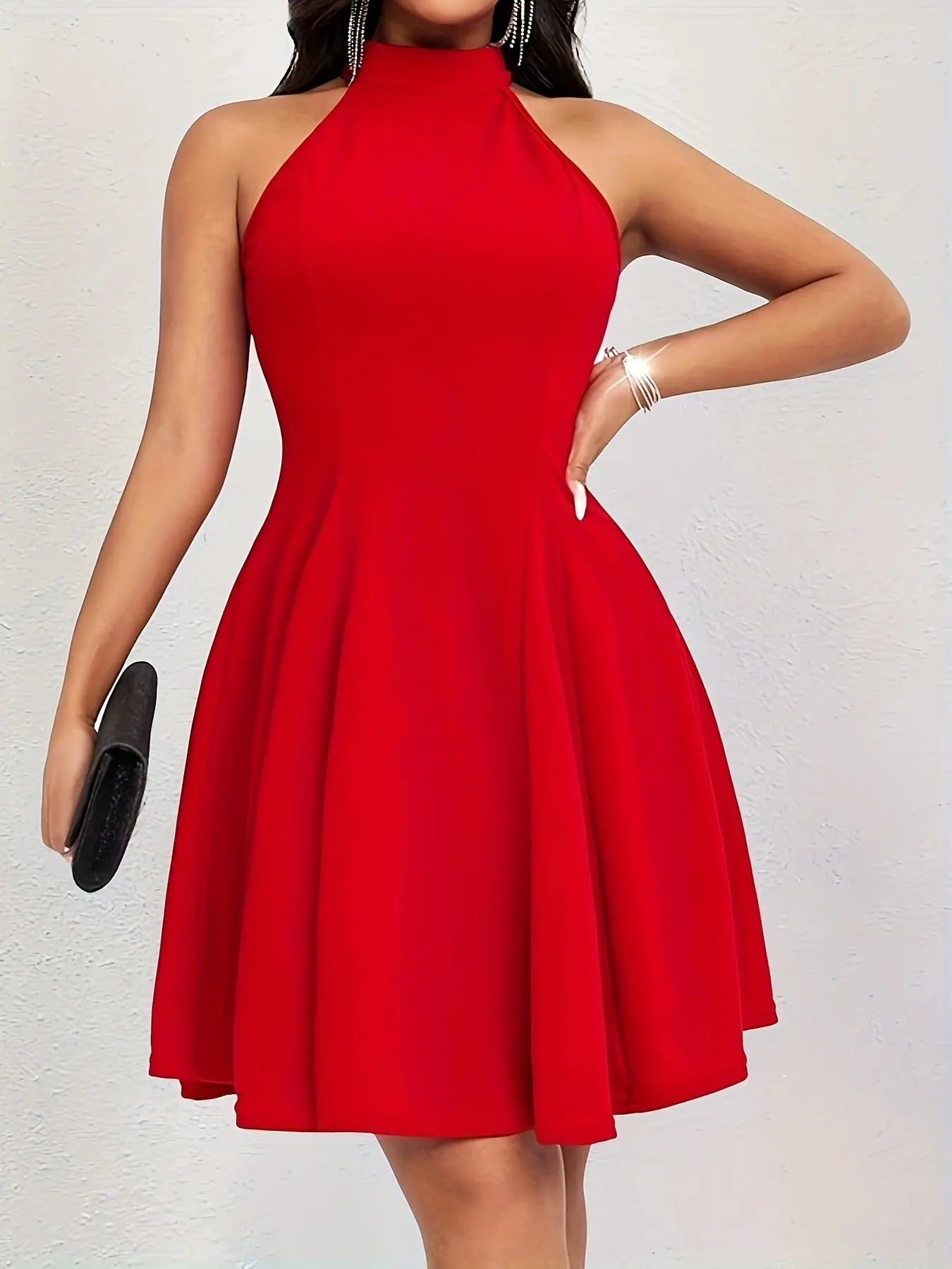 Elegant Sleeveless Halter Neck Swing Dress for Women - Solid Color, Slim Fit, Waist Accent - Perfect for Any Occasion MyFave Boutique