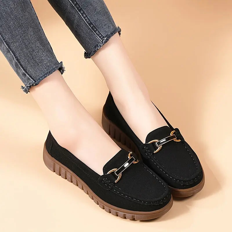 Women's Buckle Decor Loafers, Solid Color Soft Sole Slip On Flat Shoes, All-Match Suedette Flats MyFave Boutique