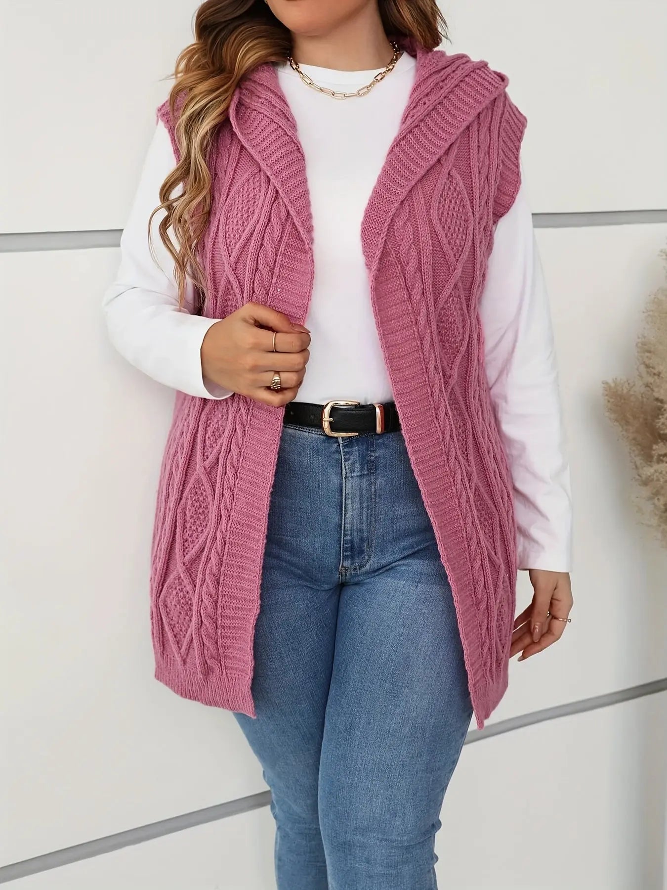 Plus Size Open Front Cable Knit Sleeveless Cardigan for Spring & Fall MyFave Boutique