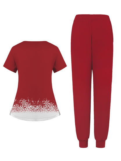 Festive Christmas Scrub Set for Women: V-Neck Top with Pocket and Snowflake Design, Paired with Red Pants - Perfect for Holiday Celebrations MyFave Boutique