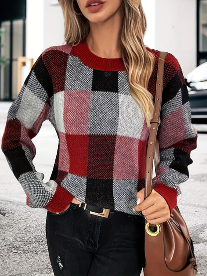 Plaid Crew Neck Pullover Sweater, Vintage Long Sleeve Loose Sweater, Women's Clothing MyFave Boutique