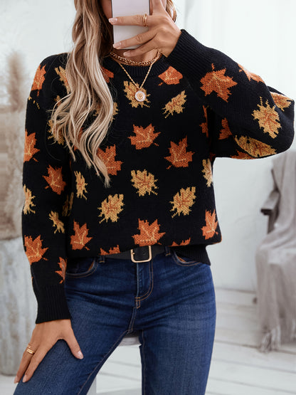 Autumn Maple Leaf Print Crew Neck Sweater - 100% Polyester Casual Knit Pullover with Long Sleeves, Slight Stretch, Loose Fit for Fall/Winter MyFave Boutique