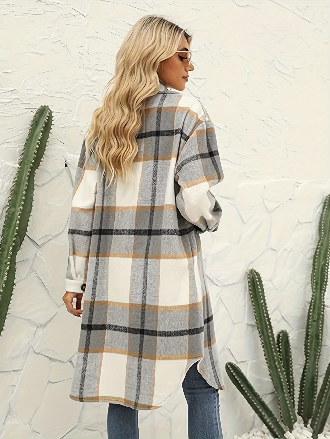 Plaid Print Button Front Long Shirt Jacket, Casual Turndown Collar Long Length Outwear For Spring & Fall, Women's Clothing MyFave Boutique