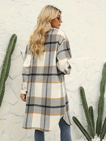 Plaid Print Button Front Long Shirt Jacket, Casual Turndown Collar Long Length Outwear For Spring & Fall, Women's Clothing MyFave Boutique