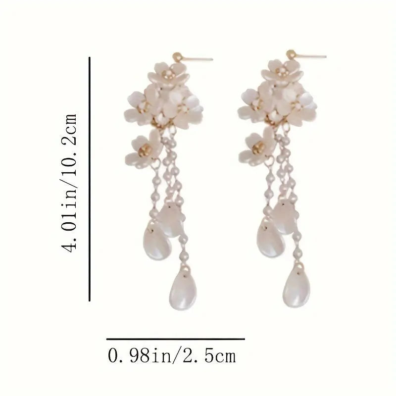 Elegant White Flower And Faux Pearl Tassel Dangle Earrings, Accessory For Daily Wear And Special Occasions MyFave Boutique