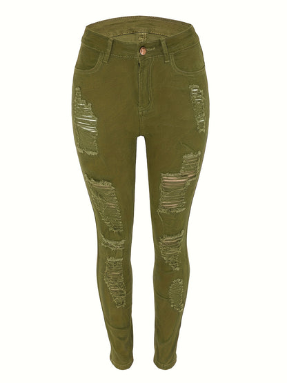 Plain Green Ripped Skinny Fit High Waist Distressed Denim Pants, Women's Denim Jeans & Clothing MyFave Boutique