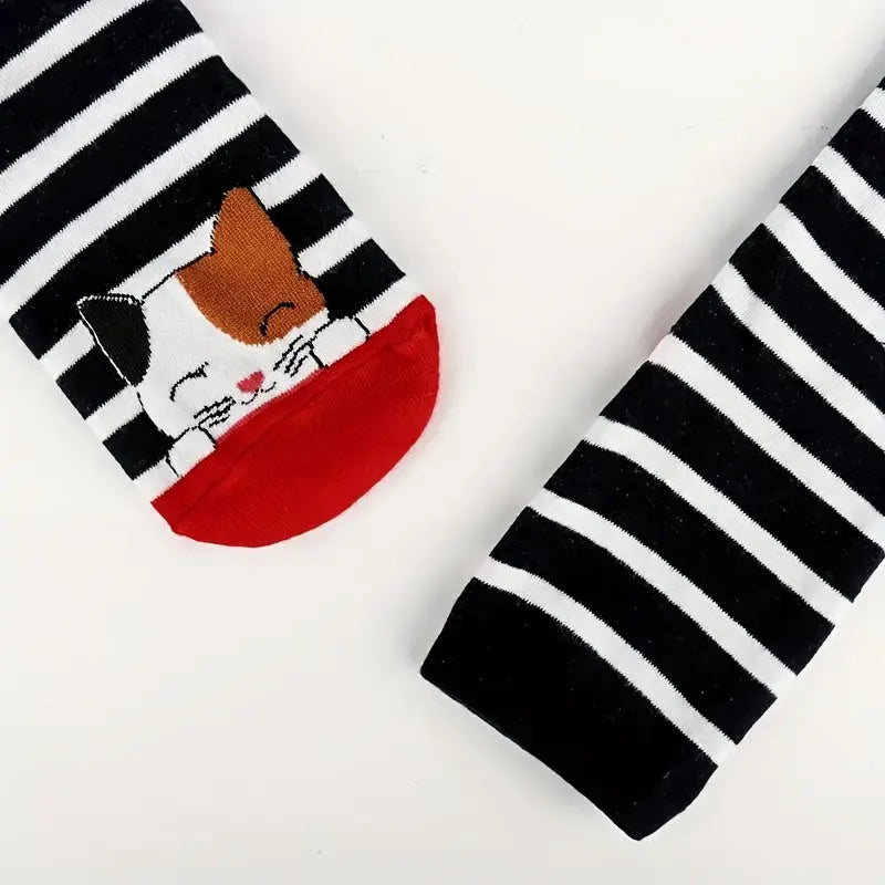 5 Pairs Cartoon Cat Print Socks, Comfy & Cute Mid Tube Socks, Women's Stockings & Hosiery MyFave Boutique