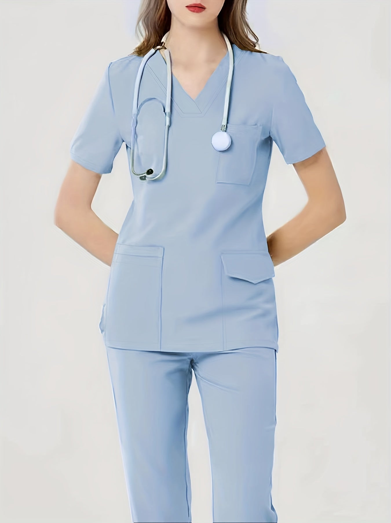 Comfortable & Functional Matching Two-piece Set, Pockets V-neck Top & Solid Pants Health Care Uniform, Women's Clothing MyFave Boutique