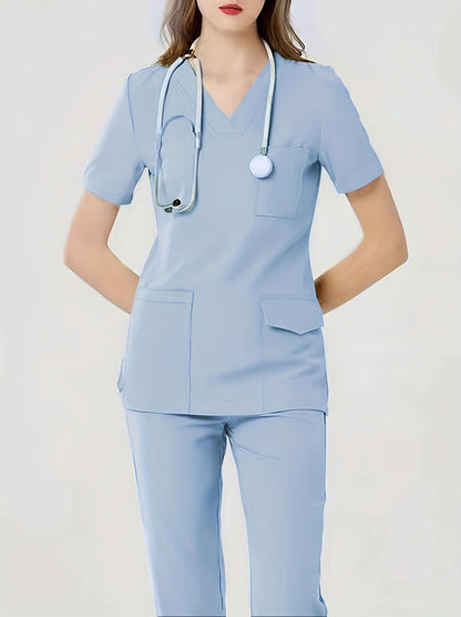 Comfortable & Functional Matching Two-piece Set, Pockets V-neck Top & Solid Pants Health Care Uniform, Women's Clothing MyFave Boutique